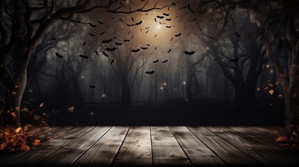 Poster - Halloween holiday concept. Empty rustic table in front of bare trees and bats background. Ready for product display montage