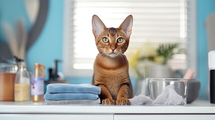 Poster - Abyssinian cat at home. Close up portrait of blue abyssinian cat, sitting on a work table grooming, cleaning itself. Pretty cat, white background. Kitty washing himself, home interior, selective focus