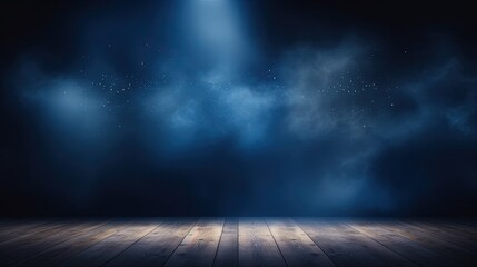 Empty dark scene blue abstract Product stage spotlights and studio room with smoke float up the interior texture for display products wall background.