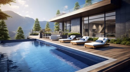 Poster - Modern building house with terrace and swimming pool with sun lounger. Beautiful mountains, forest with plants panoramic view. 3d rendering illustration exterior. Contemporary architecture design.