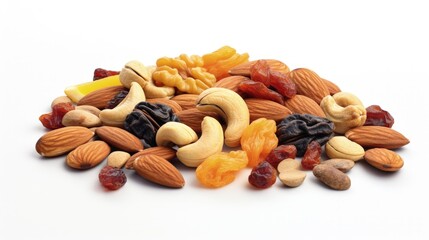 Aufkleber - Mix of nuts and dried fruits isolated on a white background. Presented apricots, raisins, walnuts, hazelnuts, cashews, pecans, and almonds.