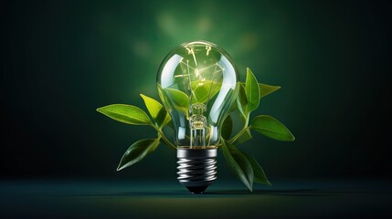Poster - renewable energy, sustainability, ecology concept. light bulb with green plant inside over green bac