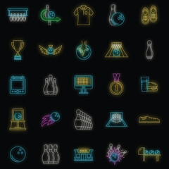 Poster - Bowling kegling game icons set. Outline illustration of 25 bowling kegling game vector icons neon color on black