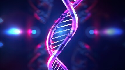 Poster - DNA. Study of gene structure of cell. Bright neon light. DNA molecule structure. 3D double helix illustration. Genetic engineering of the future