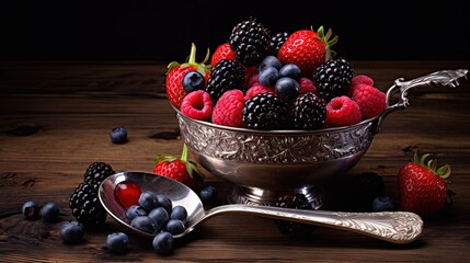 Aufkleber - Ripe sweet different berries in vintage spoon, on old wooden table