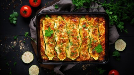 Poster - Delicious zucchini lasagna with sauce bolognese in a baking dish on a white wooden bachground. Healthy food. Top view. Selective focus