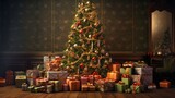 Fototapeta Przestrzenne - Christmas tree and many present boxes