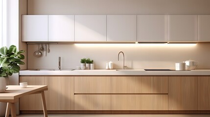 Sticker - Modern kitchen interior design in white tones with a hob, sink, hood and appliances. Wooden furniture concept. Luxury apartment for rent. New comfortable home