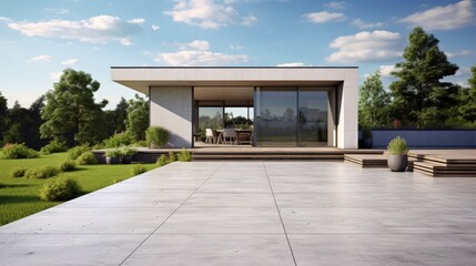 Poster - House with concrete terrace near empty grass floor. 3d rendering of green lawn in modern home.