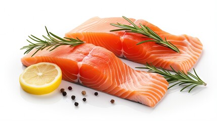 Poster - Pieces of fresh raw salmon, rosemary and lemon slices isolated on white