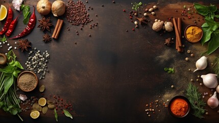 Wall Mural - Cooking table with herbs, spices and utensils. Top view with copy space