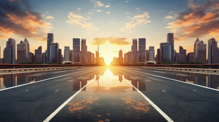 Fototapete - Modern city skyline and buildings with empty asphalt road at sunset