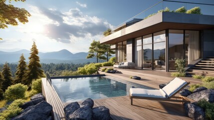 Poster - Modern building house with terrace and swimming pool with sun lounger. Beautiful mountains, forest with plants panoramic view. 3d rendering illustration exterior. Contemporary architecture design.