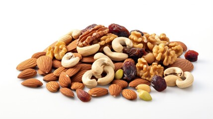 Aufkleber - Mix of nuts and raisins on a white wooden table. Presented raisins, walnuts, hazelnuts, cashews, pecans, and almonds.