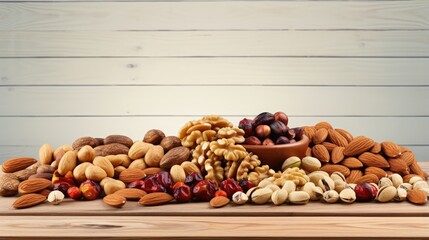 Aufkleber - Mix of nuts and raisins on a white wooden table. Presented raisins, walnuts, hazelnuts, cashews, pecans, and almonds.