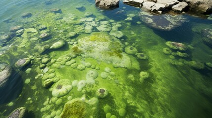 Wall Mural - Green Algae growth in a still water pond. Algae and cyanobacteria are simple, plant-like organisms that live in water. Cyanobacteria or 