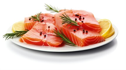 Poster - Pieces of fresh raw salmon, rosemary and lemon slices isolated on white