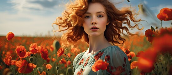 A woman with red hair in curls wearing a flowery dress stands in a field of bright red poppies