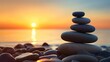 Balanced pebble pyramid silhouette on the beach. Abstract warm sunset bokeh with Sea on the background. Zen stones on the sea beach, meditation, spa, harmony, calmness, balance concept Selective focus