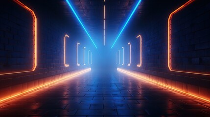 Aufkleber - Neon Blue Orange Sci Fi Futuristic Brick Laser Led Light Electric Cyber Retro Realistic Club Concrete Cement Asphalt Hallway Corridor Tunnel Underground Alien Spaceship 3D Rendering Illustration