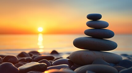 Poster - Balanced pebble pyramid silhouette on the beach. Abstract warm sunset bokeh with Sea on the background. Zen stones on the sea beach, meditation, spa, harmony, calmness, balance concept Selective focus