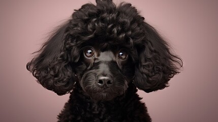 Poster - black small poodle on a beige background. curly dog in photo studio. Maltese, poodle