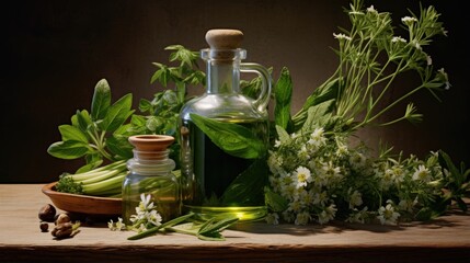 Poster - Fresh herbs and medical oil bottle