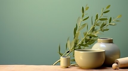 Poster - Bowl, bottles of eucalyptus essential oil, mortar, bunch of fresh eucalyptus branches on green background. Natual organic ingredients for cosmetics, skin care, body treatment.
