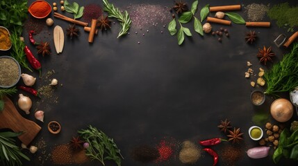 Poster - Cooking table with herbs, spices and utensils. Top view with copy space