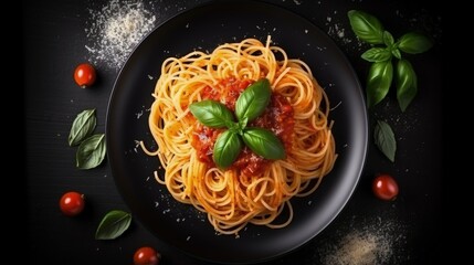 Aufkleber - Tasty appetizing classic italian spaghetti pasta with tomato sauce, cheese parmesan and basil on plate on dark table. View from above, horizontal