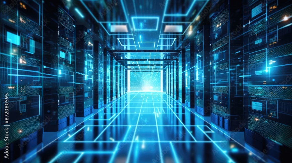 Data servers and Digital information flows through the network and behind glass panels in the server room of a data center or Internet service provider