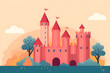 pink simple cartoon fairy tale castle landscape on beige background
