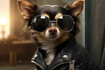 a dog in a leather jacket and sunglasses on its head