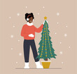 Woman standing next to Christmas tree. African smiling girl preparing for winter holidays. People decorate Christmas fir. New Year postcard. Vector illustration in flat cartoon style.