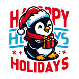 Fototapeta Dinusie - Merry christmas character penguin illustration. Happy holidays quote.