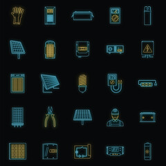 Poster - Solar energy equipment icons set. Outline illustration of 25 solar energy equipment cargo vector icons neon color on black