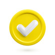 Vector 3d Check mark realistic icon. Trendy plastic yellow checkmark, select icon with shadow isolated on white background. Golden yes button. 3d render tick sign illustration for web, app, design.
