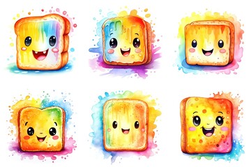 Wall Mural - A set of six cartoon toasts with different faces, watercolor clipart on white background.