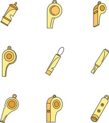 Poster - Whistle coaching blow icons set. Outline illustration of 9 whistle coaching blow vector icons thin line color flat on white