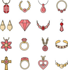 Sticker - Jewellery necklace luxury icons set. Outline illustration of 16 jewellery necklace luxury vector icons thin line color flat on white