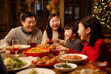 happy Chinese family at a festive New Year's table. Chinese New Year