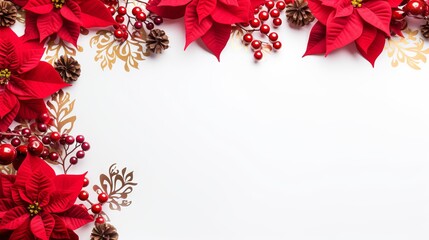 Wall Mural - Red and green Christmas frame with poinsettia, pine, and berries with copy space on white background
