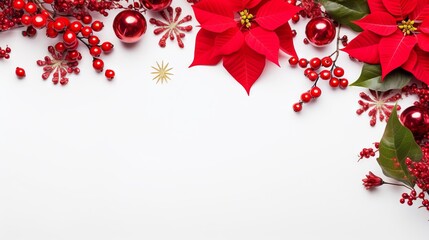 Wall Mural - Red and green Christmas frame with poinsettia, pine, and berries with copy space on white background