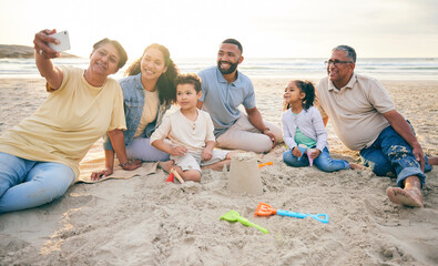 Canvas Print - Family, generations and selfie on the beach, travel and tropical vacation with memory and social media post. People outdoor, grandparents and parents with young kids, adventure and smile in picture