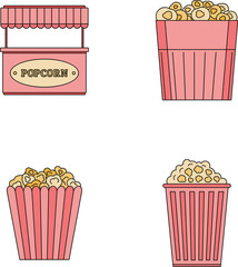 Poster - Popcorn cinema box striped icons set. Outline illustration of 4 popcorn cinema box striped vector icons thin line color flat on white