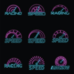 Poster - Speedometer level indicator logo set. Outline illustration of 9 speedometer level indicator vector logotypes neon color on black