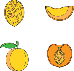 Poster - Peach tree slices fruit half icons set. Outline illustration of 4 peach tree slices fruit half vector icons thin line color flat on white