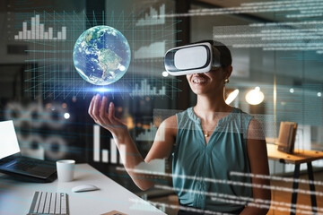 Canvas Print - Vr, metaverse and business woman with earth in office at night exploring a cyber world. Future, virtual reality and female employee with digital globe with ai software for 3d, data and trading graphs