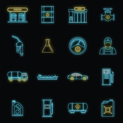 Poster - Petrol station gas fuel shop icons set. Outline illustration of 16 petrol station gas fuel shop vector icons neon color on black