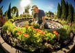 A fish-eye view of a landscaper planting flowers in a circular garden bed. The image is processed